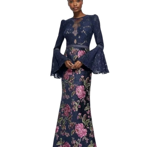 Tadashi Shoji Navy Floral Lace Brocade Illusion Maxi Gown Dress Bell Sleeves 10 - Picture 2 of 8